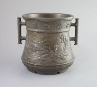 A Japanese archaistic bronze two-handled vessel, Meiji periodcast in high relief with men hanging