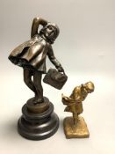 A bronze of a young girl holding a bag, after Chiparus and a smaller bronze figure, signed Rixk,