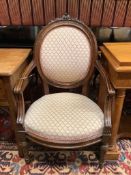 A pair of 19th century French elbow chairs, width 62cm, depth 50cm, height 100cm