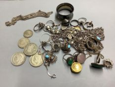 A group of mixed costume jewellery and other items including silver napkin ring.