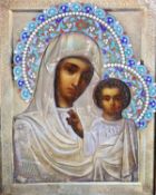 19th century Russian SchoolIcon of the Virgin and ChildTempera on panelWith enamelled silver gilt