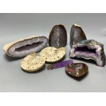 Three quartz half geode specimens, two ammonite fossils, a agate ‘heart’ etc., largest 24cm