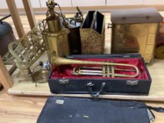 A quantity of mixed brass including a coal scuttle, trivets, a jardiniere, lighting and a trumpet,
