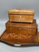 A Thonet style bentwood tray, 52 x 47cm, a writing slope and a rosewood tea caddy,