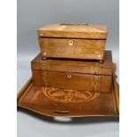 A Thonet style bentwood tray, 52 x 47cm, a writing slope and a rosewood tea caddy,