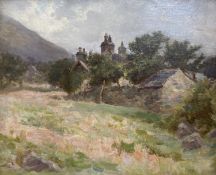 French School c1900, oil on board, Houses in a landscape, 37 x 44cm