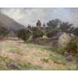 French School c1900, oil on board, Houses in a landscape, 37 x 44cm