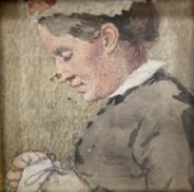 Victorian School, watercolour, Study of a woman sewing, 7 x 7cm