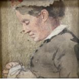 Victorian School, watercolour, Study of a woman sewing, 7 x 7cm