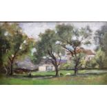 French School, oil on panel, French farm with goats beneath trees, 13 x 23cm