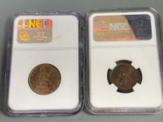 A Victoria halfpenny 1875, UNC and a George IV farthing 1828, UNC