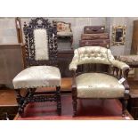 An Edwardian walnut tub chair and a vineous carved dining chair