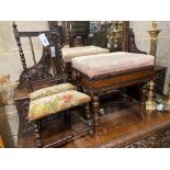 A late Victorian rosewood adjustable piano stool, length 50cm and a child's tapestry upholstered