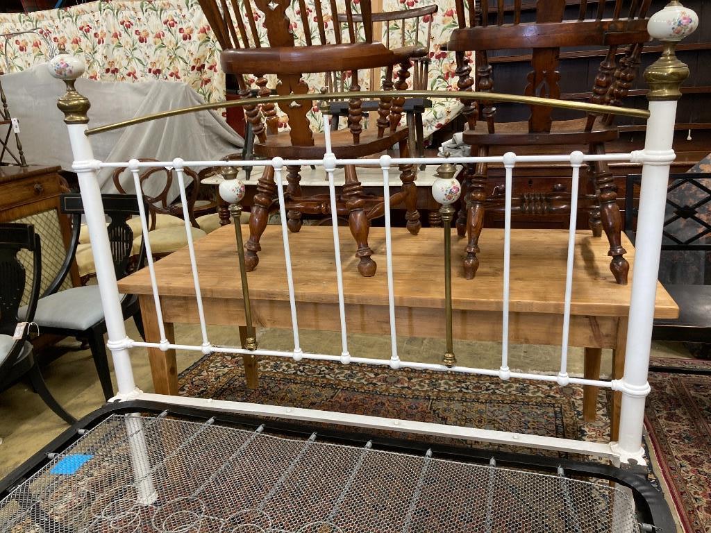 A Victorian style brass and painted iron porcelain mounted bed frame, width 150cm, length 210cm - Image 2 of 3