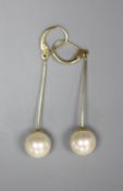 A pair of mid 20th century 585 yellow metal and simulated pearl set bar drop earrings,overall 52mm,