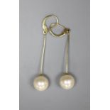 A pair of mid 20th century 585 yellow metal and simulated pearl set bar drop earrings,overall 52mm,