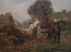 Albert Ernest Bottomley (1873-1950)Labourer loading a farm cartOil on canvasSigned,34 x 45 cm.