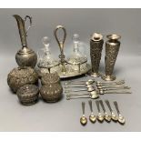 A pair of Thai Sterling silver specimen vases, a white metal ewer, a 'betel nut' box and cover, a