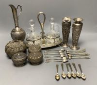 A pair of Thai Sterling silver specimen vases, a white metal ewer, a 'betel nut' box and cover, a