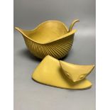 A Jonathan Adler large leaf-shaped pottery bowl and a figure of a cat