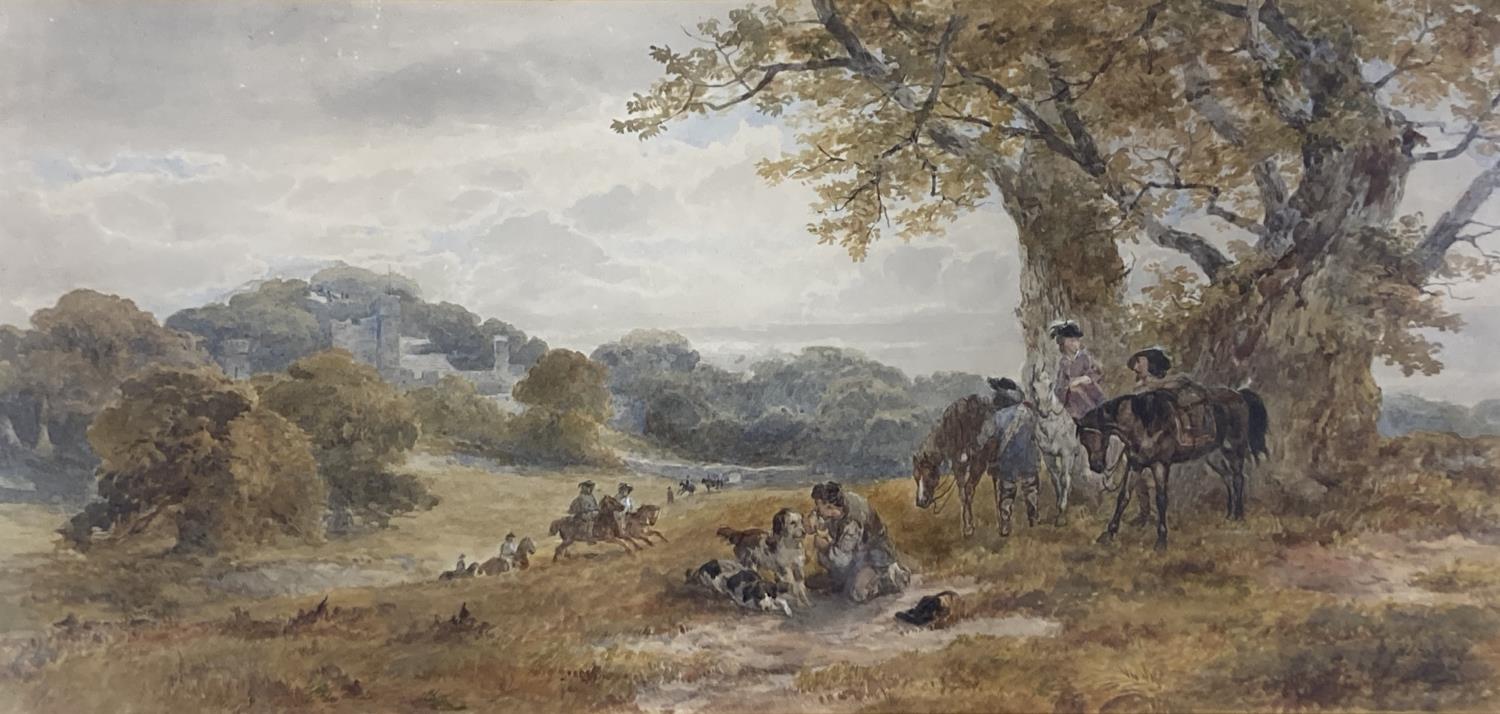 H.J. Holding, watercolour, Hunting Party near Haddon Hall, signed and dated 1872, 34 x 72cm