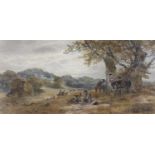 H.J. Holding, watercolour, Hunting Party near Haddon Hall, signed and dated 1872, 34 x 72cm