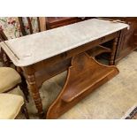 A 19th century French marble top oak patisserie table, width 150cm, depth 62cm, height 142cm