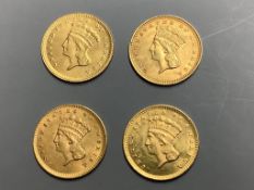 Four United States of America one dollar gold coins, Indian head, type III, 1856, 1862, 1868 and