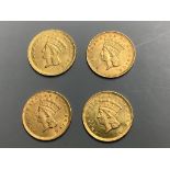 Four United States of America one dollar gold coins, Indian head, type III, 1856, 1862, 1868 and