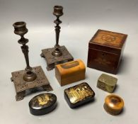 A pair of Max Hartmann copper alloy candlesticks, Georgian tea caddy, Treen and papier-mâché boxes