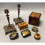 A pair of Max Hartmann copper alloy candlesticks, Georgian tea caddy, Treen and papier-mâché boxes