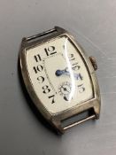 A gentleman's 1930's? Swiss 935 white metal manual wind wrist watch(no strap),case diameter 25mm.