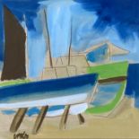 Markey Robinson (Irish, 1918-1989), gouache on board, Beach with fishing boat,signed,15.5 x 15.5cm