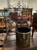 A riveted brass coal bucket, fire screen and other fireside effects