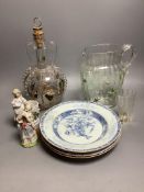Three 18th century Chinese export blue and white plates, an enamelled glass jug and gilt decorated