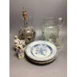 Three 18th century Chinese export blue and white plates, an enamelled glass jug and gilt decorated