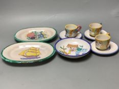 A group of Vietri maiolica wares, 3 cups and saucers and dishes