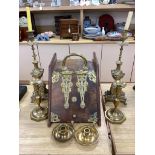 A Victorian brass bound walnut coal scuttle together with two pairs of brass candlesticks and a