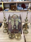 A Victorian brass bound walnut coal scuttle together with two pairs of brass candlesticks and a