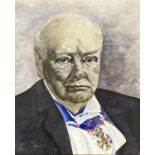 English School, watercolour, Portrait of Winston Churchill, dated 1965, 28 x 23cm