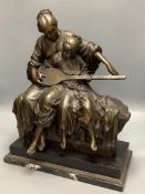 A 20th century cold cast bronze resin figure group of a mother and daughter playing an instrument,