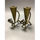 A pair of mid century brass 'cat' candlesticks, height 16.5cm