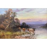 Charles W. Oswald (fl.1892-1900), oil on canvas, Cattle watering at sunset, signed and dated 1910,
