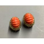 A pair of carved coral oval earrings,yellow metal setting, 22mm, gross 17.6 grams.