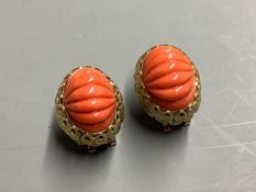 A pair of carved coral oval earrings,yellow metal setting, 22mm, gross 17.6 grams.