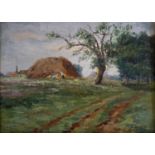 E. Petit, oil on canvas board, Landscape with figures beside a haystack, signed, 23 x 31cm