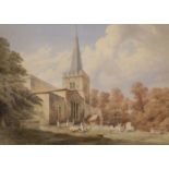 Victorian School, watercolour, Sheep grazing in churchyard, 43 x 58cm