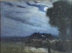 Thomas William Morley (1859-1925), watercolour, Cattle drover under moonlight, signed and dated '