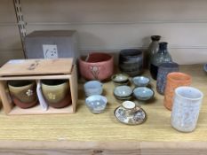 A Satsuma miniature cup and saucer and a collection of Japanese Studio pottery, some signed