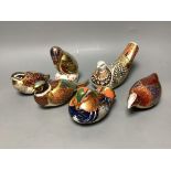 Six Royal Crown Derby bird paperweights, Woodland Pheasant (Collectors Guild), Dappled Quail,